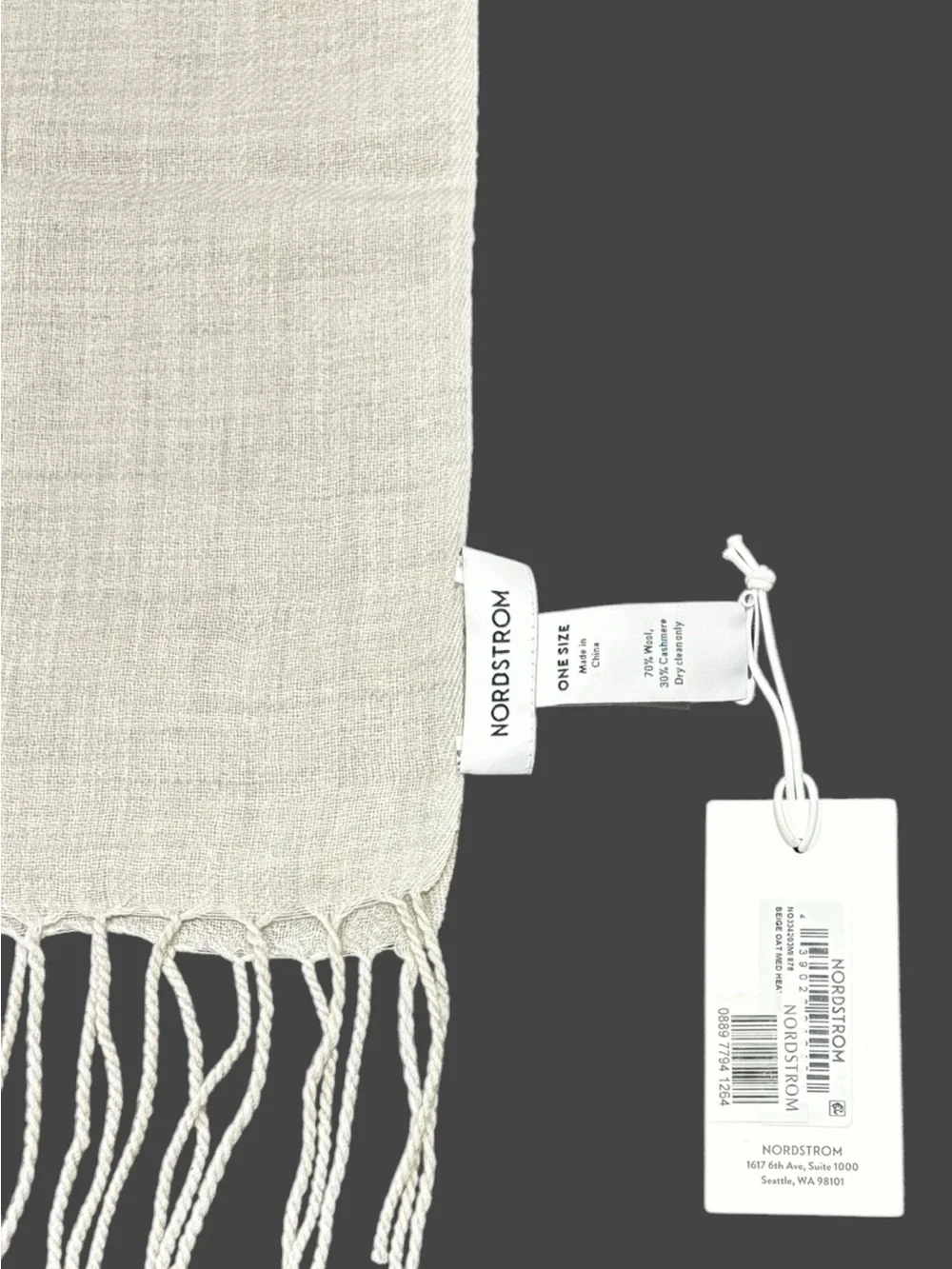 Nordstrom Tissue Weight Wool & Cashmere Scarf Beige Oatmeal Heather NWT Fringe